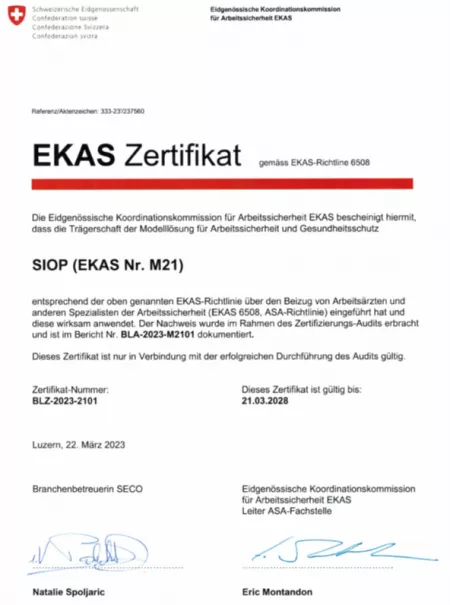 EKAS Zertifikat SIOP Modelllösung EKAS Zertifikat SIOP Modelllösung